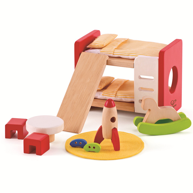 Perabot bilik kanak-kanak Hape kayu | Bilik kanak-kanak yang sangat terperinci Doll House Furniture Set termasuk katil, meja, kerusi dan kapal roket